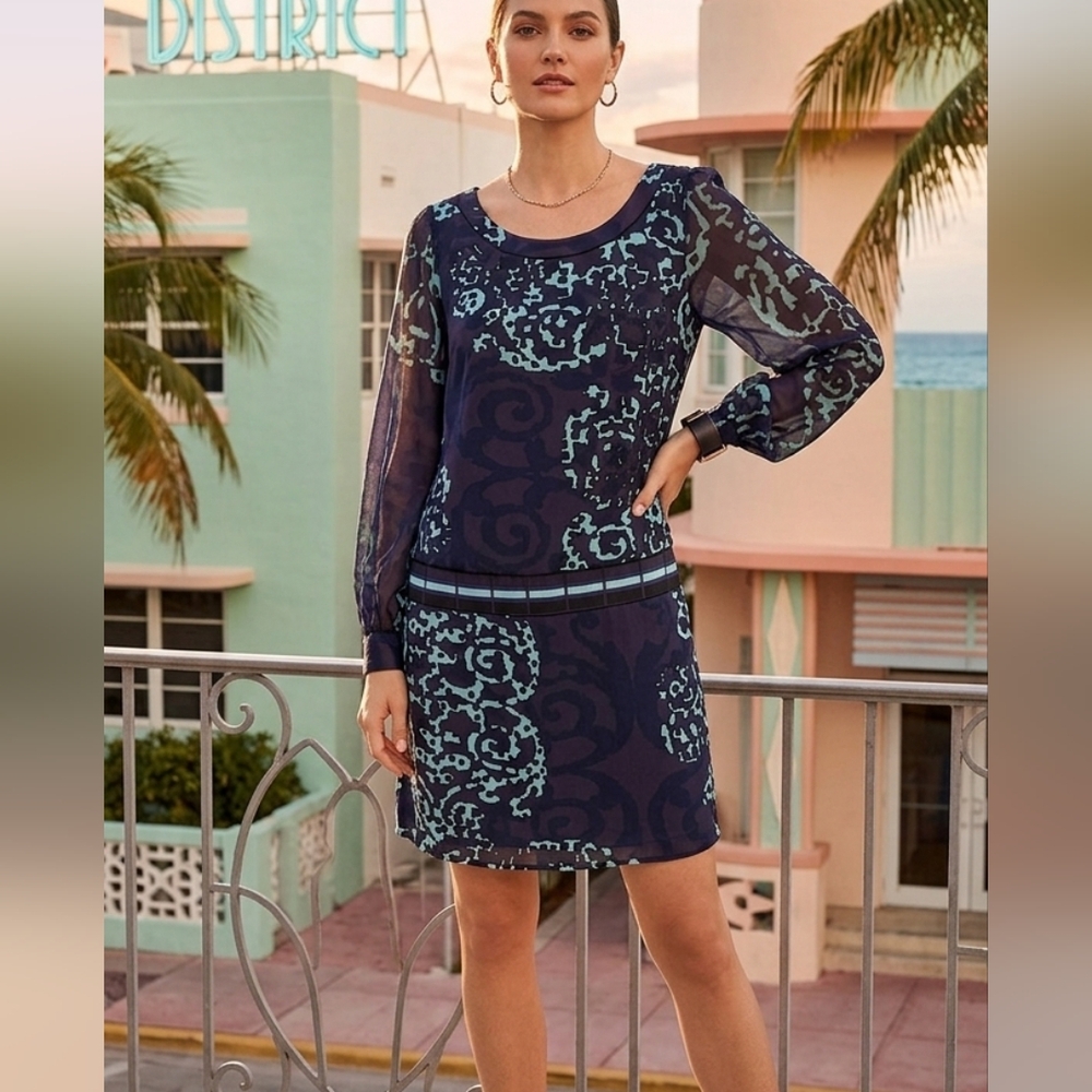 Analili Silk Navy Mint Geometric Print Drop Waist Sheer Sleeve Dress Medium Miam